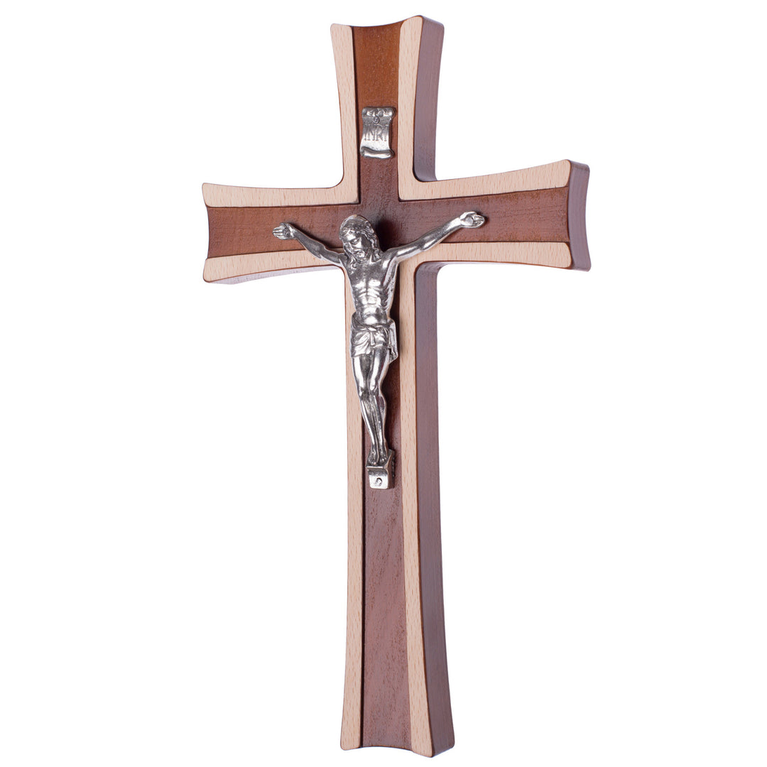 Croix suspendue en bois bicolore avec une croix rayée marron 25x14x1.6cm