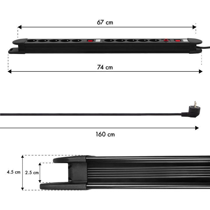 Multiprise Maclean, rallonge 10 prises, 2 interrupteurs, protection et signalisation de surcharge, 3680 W, MCE10