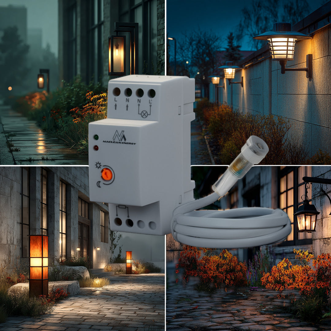 Interrupteur crépusculaire rail DIN avec capteur externe Maclean MCE83 220-240V / AC, 50Hz 20A