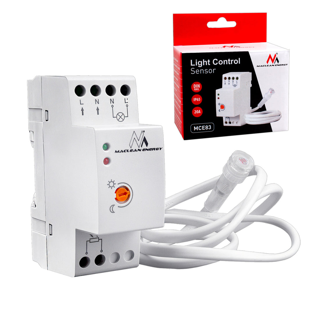Interrupteur crépusculaire rail DIN avec capteur externe Maclean MCE83 220-240V / AC, 50Hz 20A