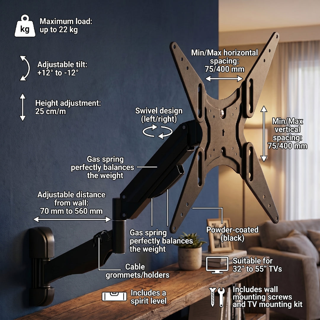 Support TV mural tournant à ressort à gaz pour écrans LCD, LED et plasma 32-55" 22kg 2 bras Maclean Brackets MC-784