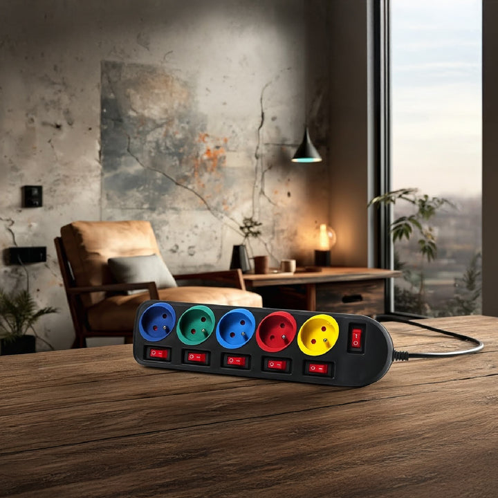 Bloc multiprise 5 prises avec interrupteurs  250VAC / 10A 1,5m multicouleur Maclean MCE204M