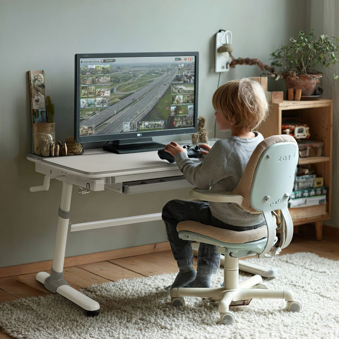 Bureau ergonomique pour enfants avec réglage de la hauteur et de l'inclinaison Table d'école pour enfants jusqu'à 100kg Tiroir Crochets pour sacs