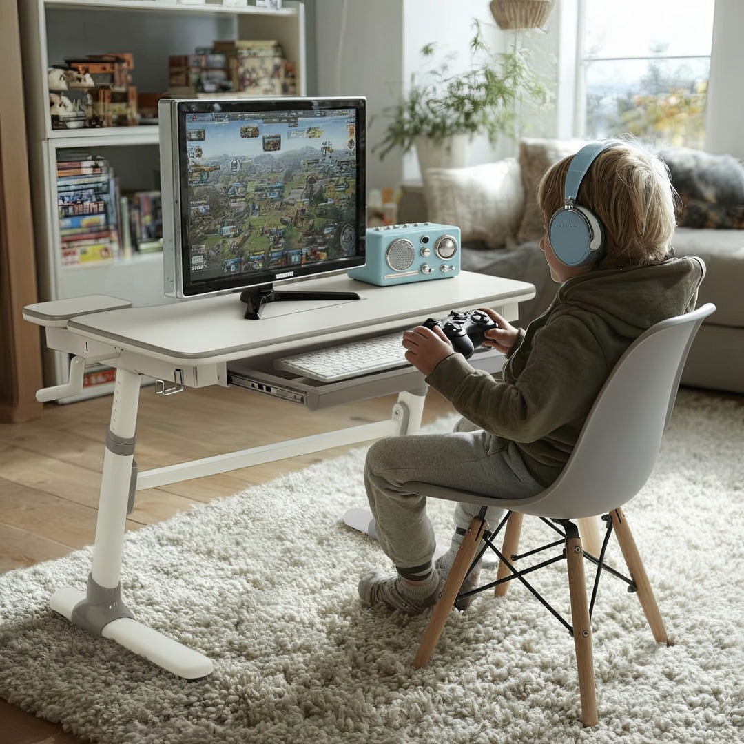 Bureau ergonomique pour enfants avec réglage de la hauteur et de l'inclinaison Table d'école pour enfants jusqu'à 100kg Tiroir Crochets pour sacs