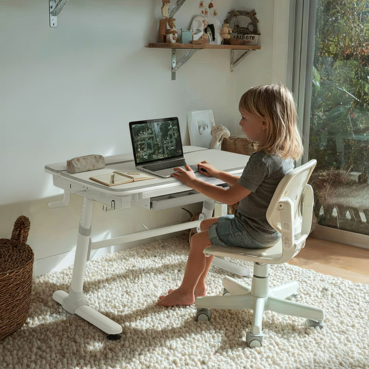 Bureau ergonomique pour enfants avec réglage de la hauteur et de l'inclinaison Table d'école pour enfants jusqu'à 100kg Tiroir Crochets pour sacs