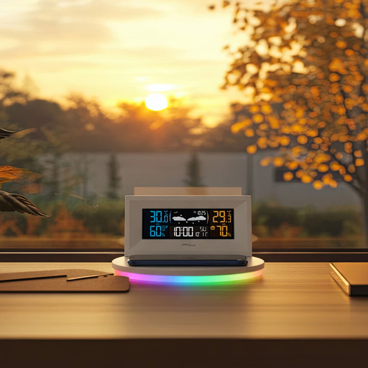 GreenBlue GB213 Station météo sans fil avec chargeur Qi Lumière d'ambiance Base Prévisions météo Calendrier Réveil fonction snooze Capteur externe Intérieur et extérieur Thermomètre Écran couleur