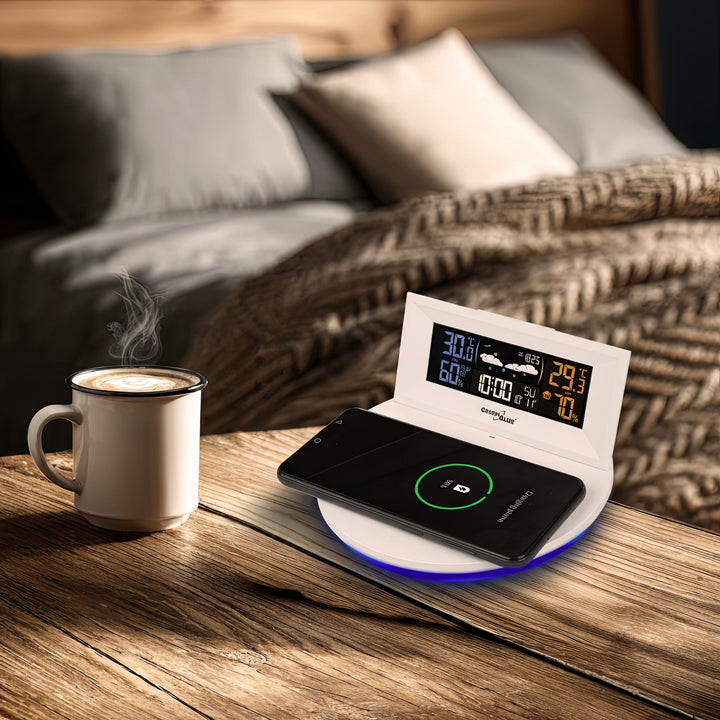 GreenBlue GB213 Station météo sans fil avec chargeur Qi Lumière d'ambiance Base Prévisions météo Calendrier Réveil fonction snooze Capteur externe Intérieur et extérieur Thermomètre Écran couleur