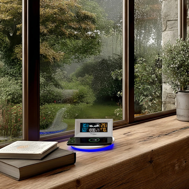 GreenBlue GB213 Station météo sans fil avec chargeur Qi Lumière d'ambiance Base Prévisions météo Calendrier Réveil fonction snooze Capteur externe Intérieur et extérieur Thermomètre Écran couleur