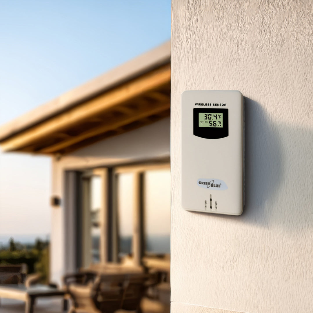 GreenBlue GB213 Station météo sans fil avec chargeur Qi Lumière d'ambiance Base Prévisions météo Calendrier Réveil fonction snooze Capteur externe Intérieur et extérieur Thermomètre Écran couleur