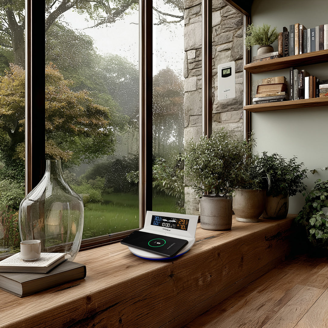 GreenBlue GB213 Station météo sans fil avec chargeur Qi Lumière d'ambiance Base Prévisions météo Calendrier Réveil fonction snooze Capteur externe Intérieur et extérieur Thermomètre Écran couleur
