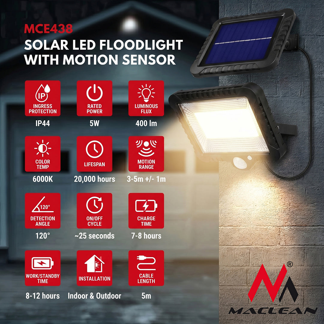Projecteur solaire Lampe LED avec détecteur de mouvement IP44 5W 400lm 6000K blanc froid MCE438