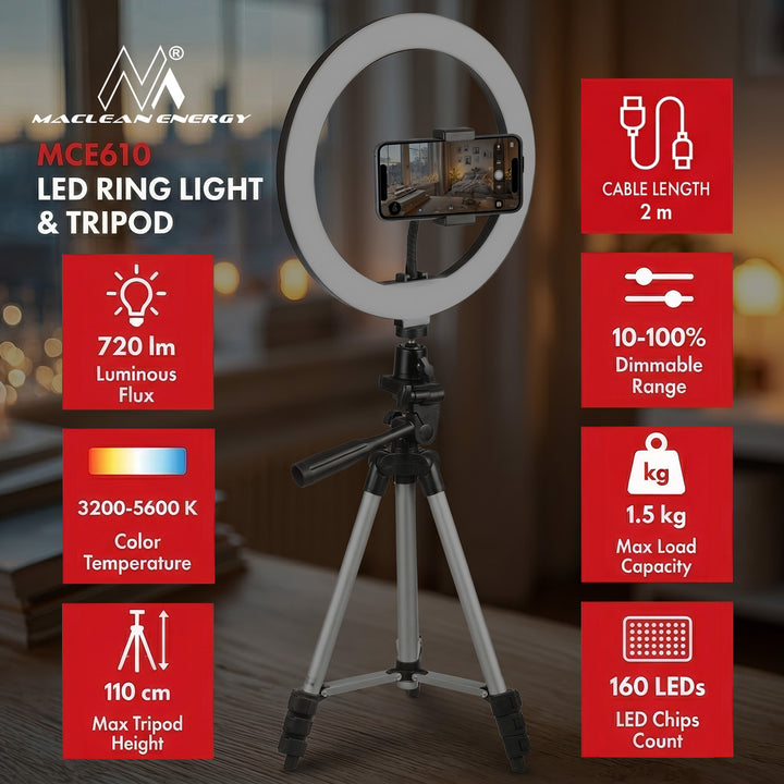 Lampe annulaire 10 " LED 12W avec un trépied 1.1m Maclean Energy MCE610