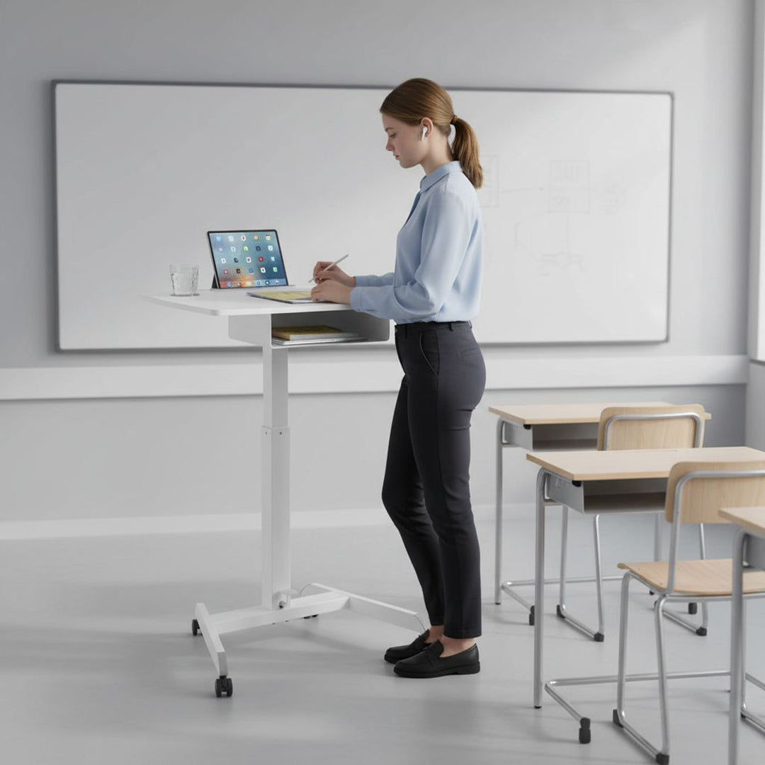 Table d'ordinateur portable à hauteur réglable avec roulettes et un tiroir Bureau assis-debout Réglable en hauteur jusqu'à 113cm max. 8kg (Blanc)