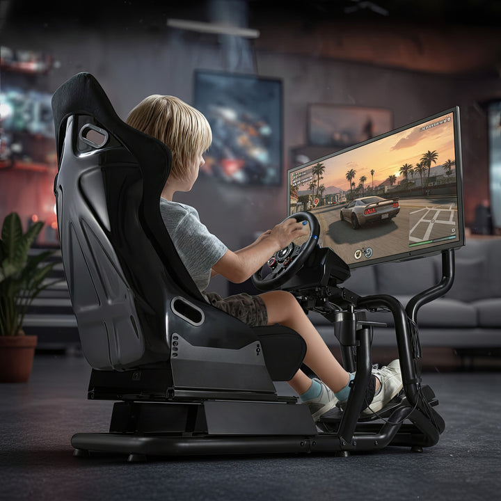 Simulateur de course Cockpit 3 en 1 Siège de jeu jusqu'à 130kg Support de levier de vitesse Support de volant Support TV jusqu'à 50" Max. Vesa 400x200 ...