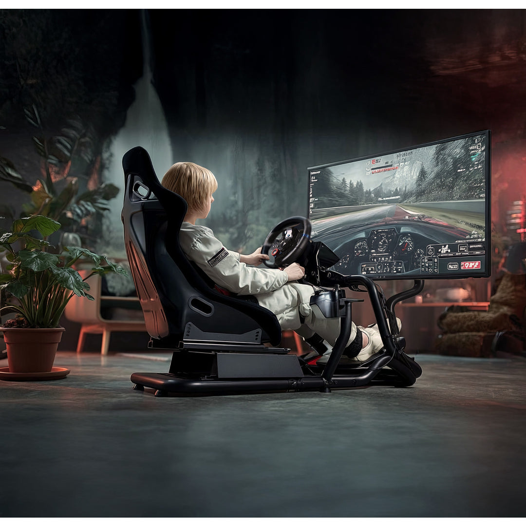 Simulateur de course Cockpit 3 en 1 Siège de jeu jusqu'à 130kg Support de levier de vitesse Support de volant Support TV jusqu'à 50" Max. Vesa 400x200 ...