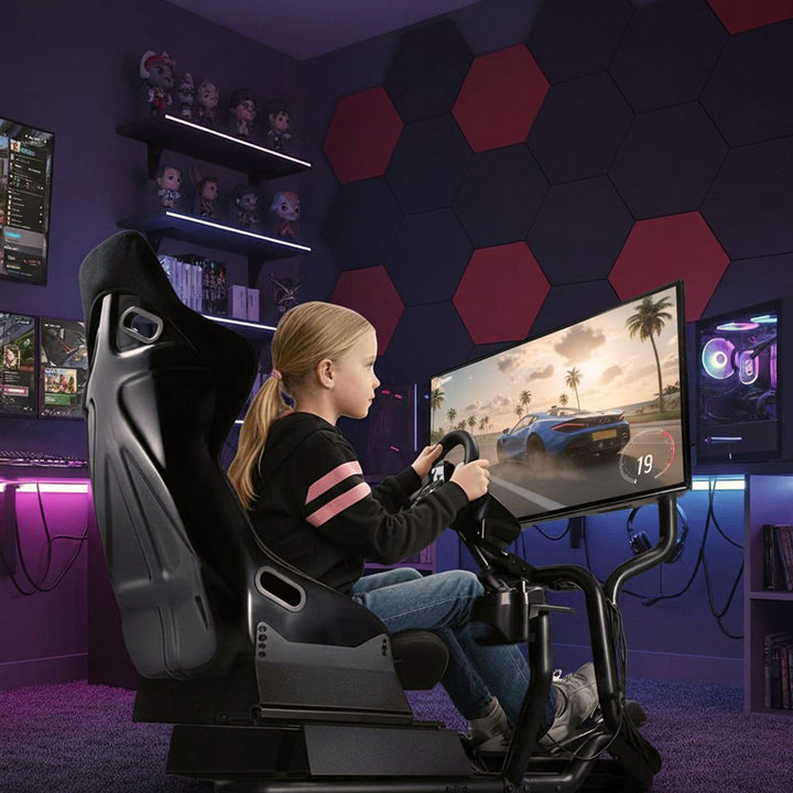 Simulateur de course Cockpit 3 en 1 Siège de jeu jusqu'à 130kg Support de levier de vitesse Support de volant Support TV jusqu'à 50" Max. Vesa 400x200 ...