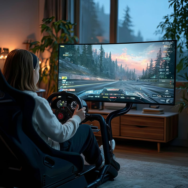Simulateur de course Cockpit 3 en 1 Siège de jeu jusqu'à 130kg Support de levier de vitesse Support de volant Support TV jusqu'à 50" Max. Vesa 400x200 ...