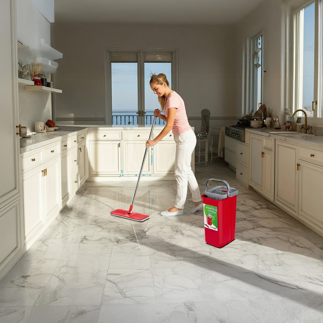 GreenBlue GB870 balai plat avec seau 2 en 1 5,7 l Kit balai à laver les sols Système de nettoyage 360° Tête de balai pivotante (Balai plat et seau + 2 housses de rechange)