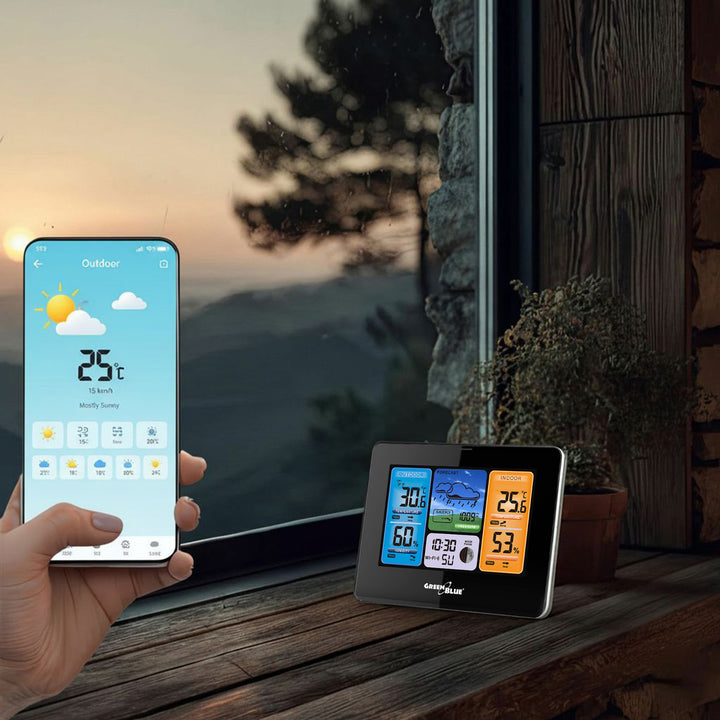 Station météo WiFi GreenBlue, compatible TUYA, capteur extérieur, calendrier, prévisions météo, baromètre, GB215