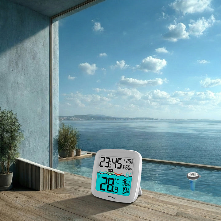 Station météo avec thermomètre de piscine GreenBlue, portée 60m, capteur flottant, température, heure, calendrier, DCF, GB216