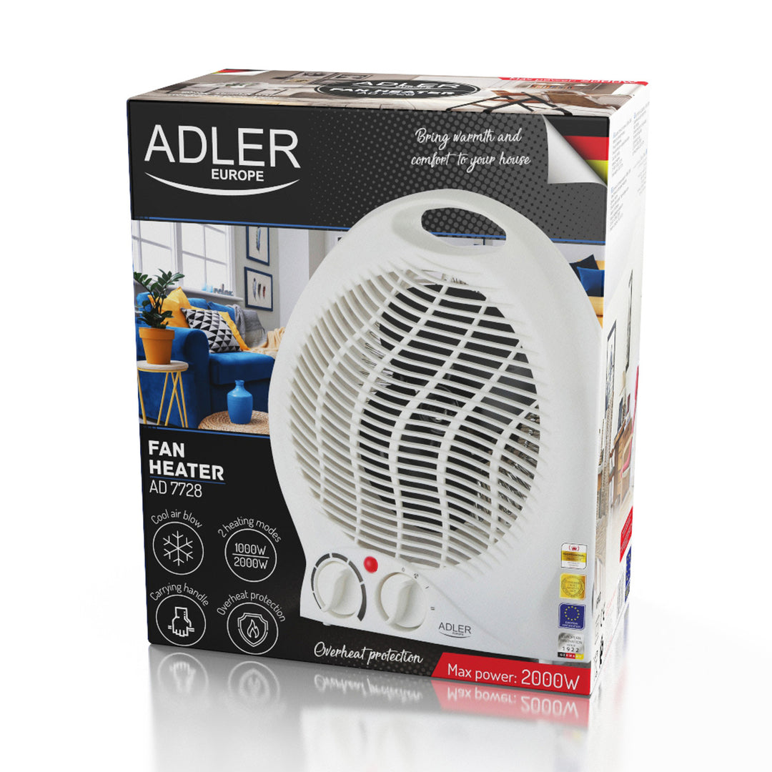 Chauffage soufflant Adler, thermostat, fonction ventilateur, 2000W, blanc, AD 7728