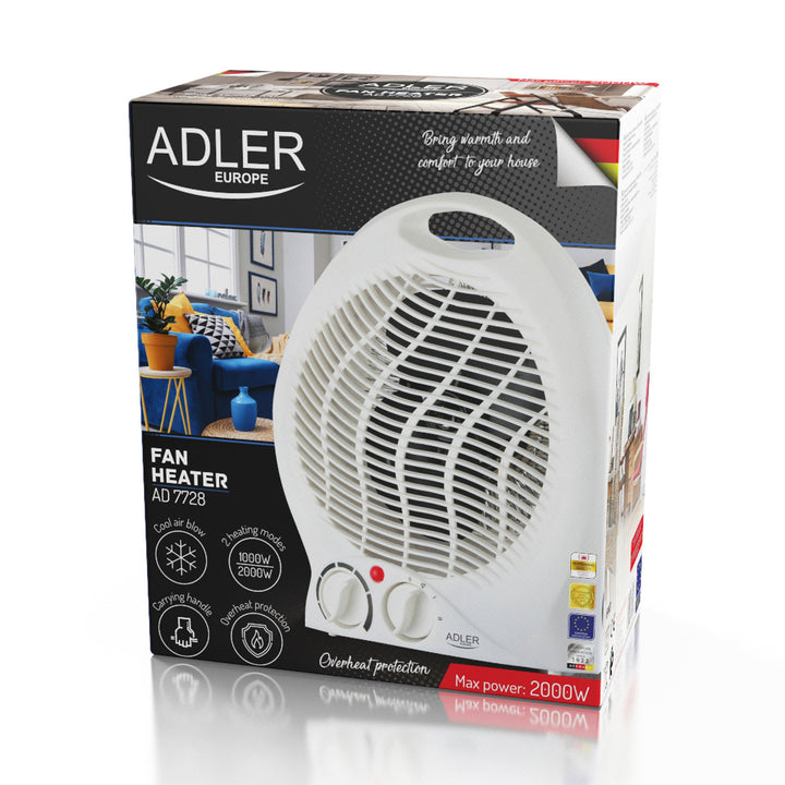 Chauffage soufflant Adler, thermostat, fonction ventilateur, 2000W, blanc, AD 7728