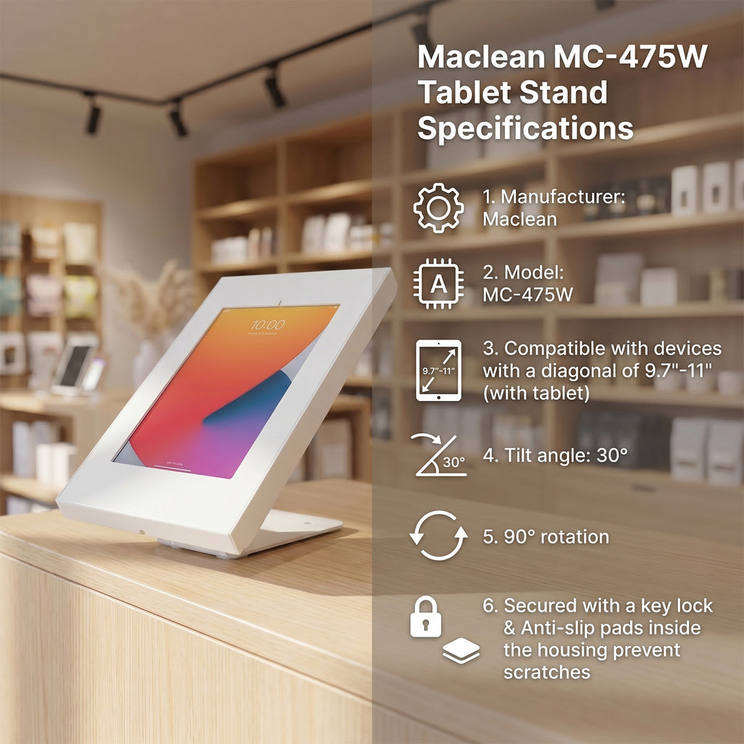 Maclean Advertising Support de tablette autoportant bureau avec serrure, 9.7"-11", iPad/iPad Air/iPad Pro, Samsung Galaxy Tab A/Tab A7/Tab S6 Lite, MC-475W