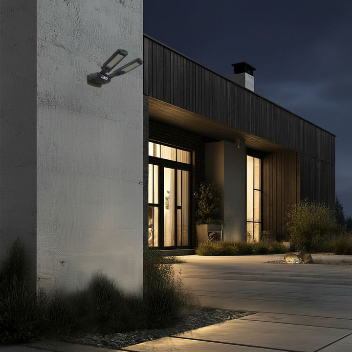 Maclean MCE447 Lampadaire solaire avec détecteur de mouvement et de crépuscule IP54 5W 2x 450 lumens 6500K Deux sources lumineuses Télécommande Lampe solaire murale extérieure Éclairage extérieur 3 modes d'éclairage