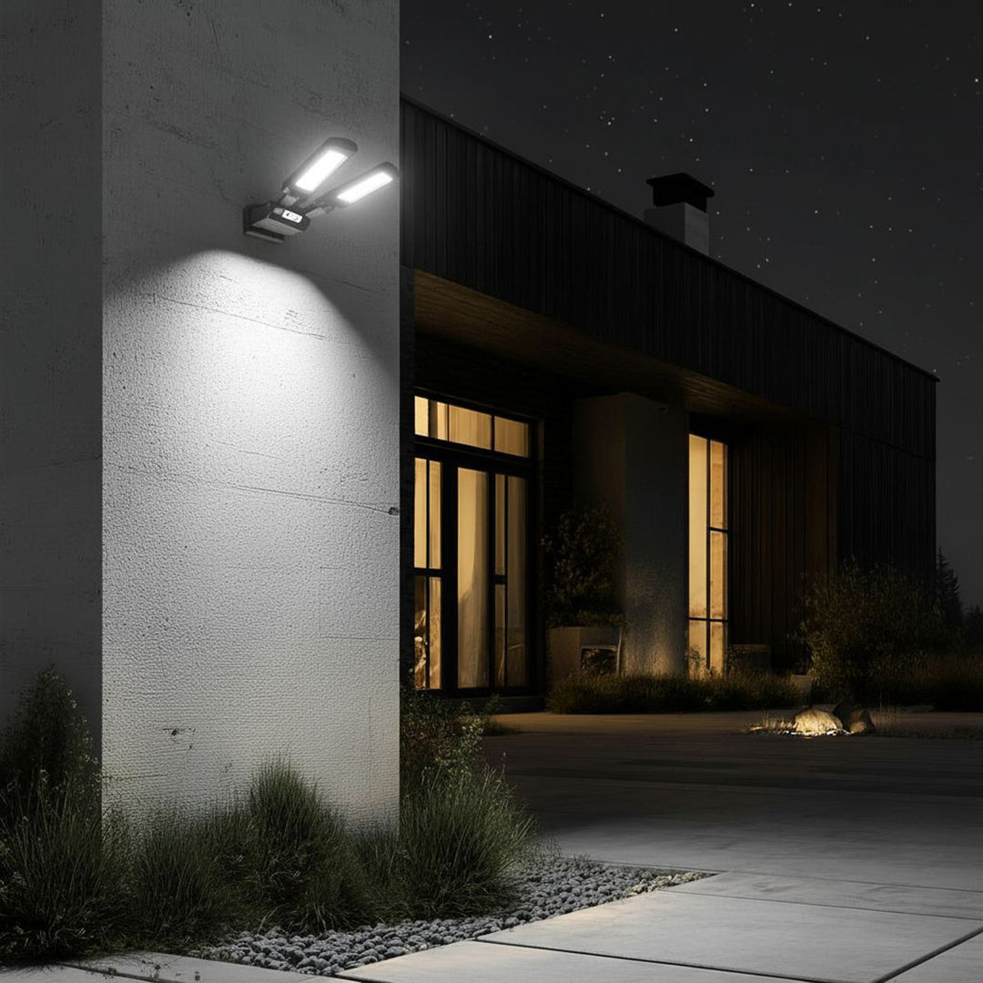 Maclean MCE447 Lampadaire solaire avec détecteur de mouvement et de crépuscule IP54 5W 2x 450 lumens 6500K Deux sources lumineuses Télécommande Lampe solaire murale extérieure Éclairage extérieur 3 modes d'éclairage