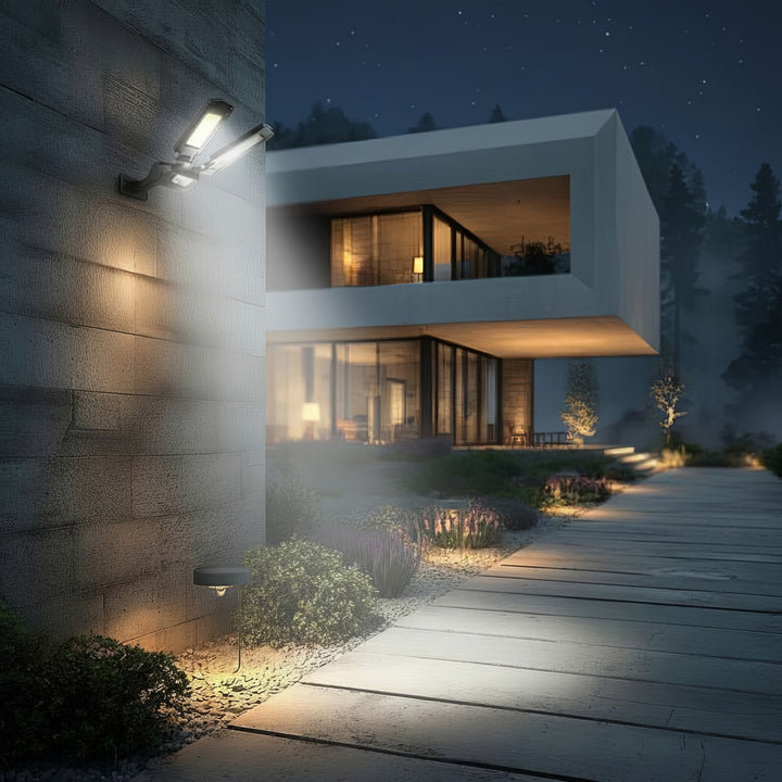 Maclean MCE447 Lampadaire solaire avec détecteur de mouvement et de crépuscule IP54 5W 2x 450 lumens 6500K Deux sources lumineuses Télécommande Lampe solaire murale extérieure Éclairage extérieur 3 modes d'éclairage