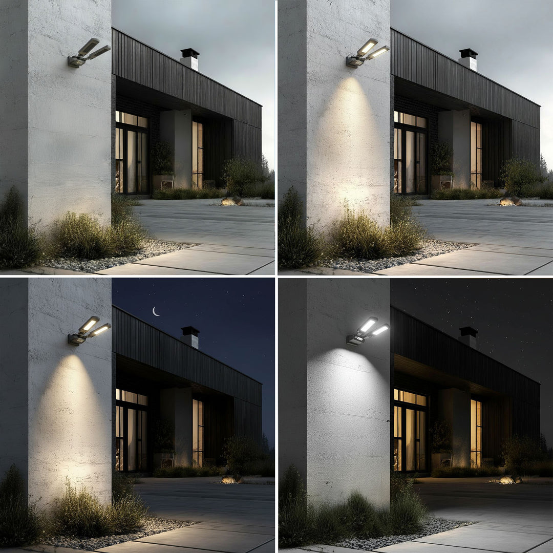 Maclean MCE447 Lampadaire solaire avec détecteur de mouvement et de crépuscule IP54 5W 2x 450 lumens 6500K Deux sources lumineuses Télécommande Lampe solaire murale extérieure Éclairage extérieur 3 modes d'éclairage
