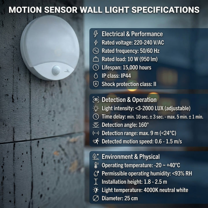 Lampe LED Maclean à détecteur de mouvement, infrarouge, blanche, 10W, IP44, blanc naturel (4000K), 900lm, MCE357 W