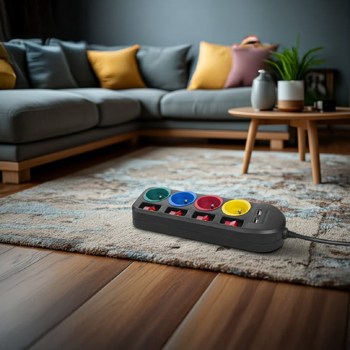 Rallonge électrique Multiprises Maclean, rallonge 4 prises + 2xUSB, avec interrupteurs, 250VAC/10A, 2,1A 5V, 1,5m, noir, MCE229 B