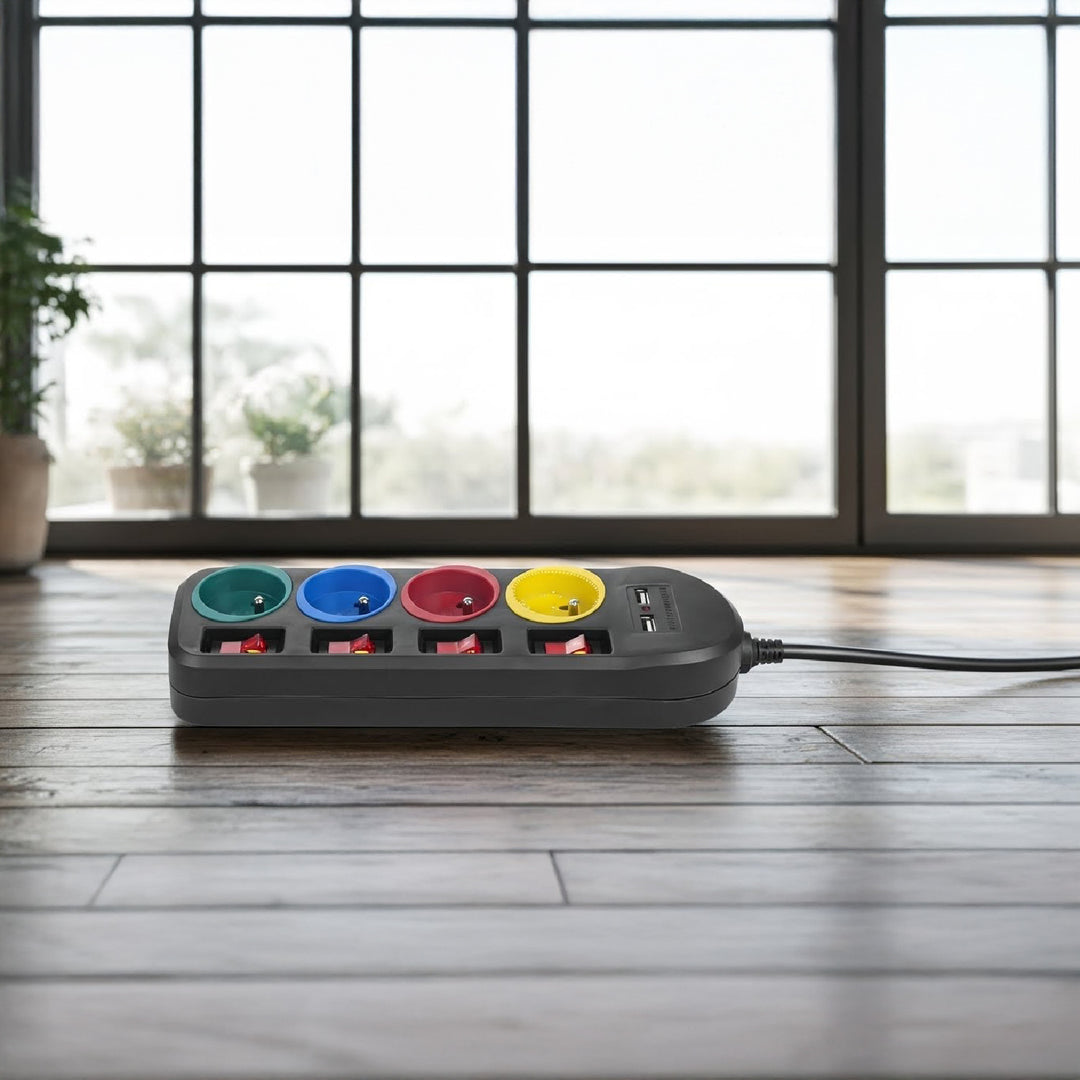 Rallonge électrique Multiprises Maclean, rallonge 4 prises + 2xUSB, avec interrupteurs, 250VAC/10A, 2,1A 5V, 1,5m, noir, MCE229 B