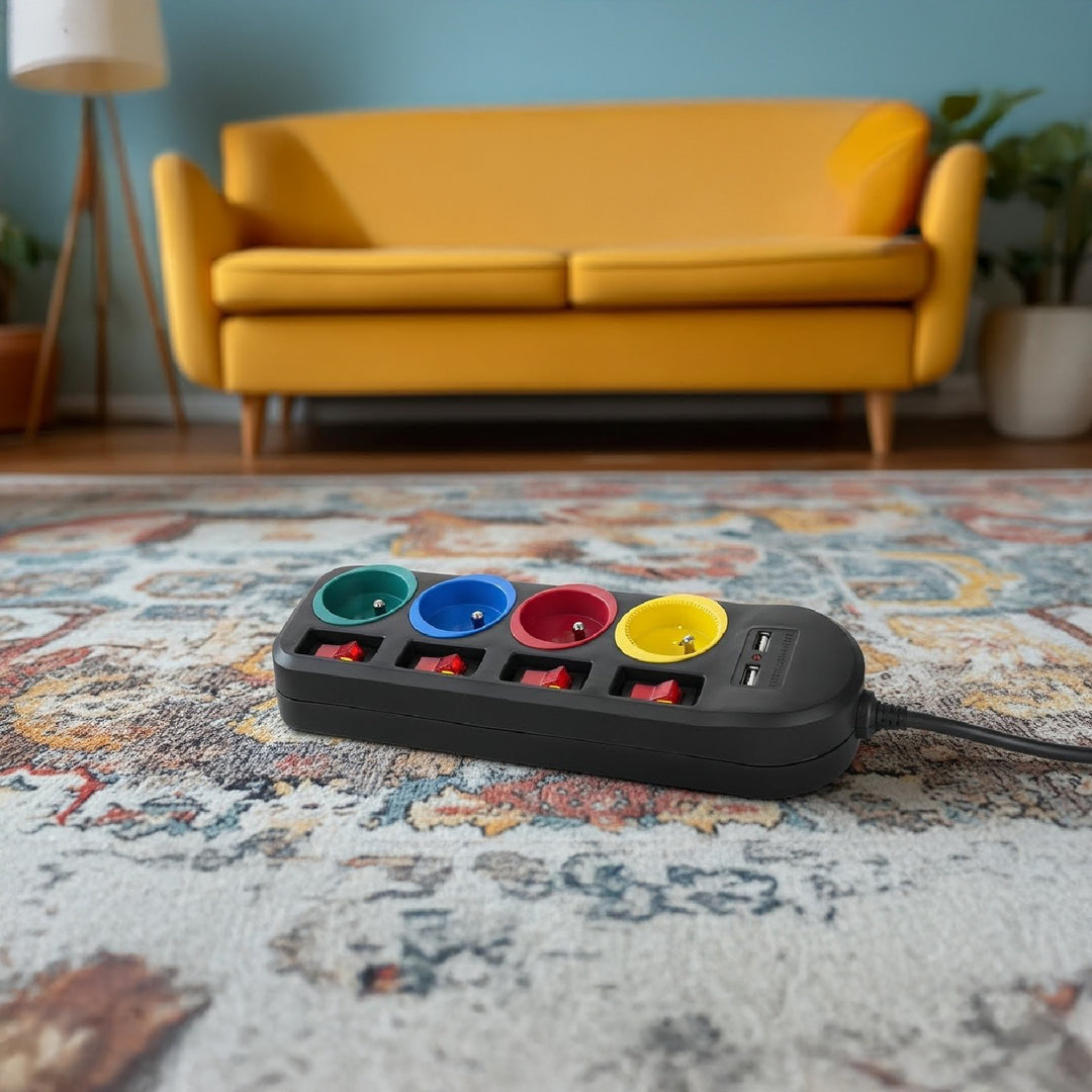 Rallonge électrique Multiprises Maclean, rallonge 4 prises + 2xUSB, avec interrupteurs, 250VAC/10A, 2,1A 5V, 1,5m, noir, MCE229 B