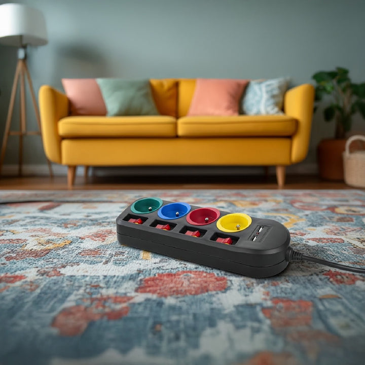 Rallonge électrique Multiprises Maclean, rallonge 4 prises + 2xUSB, avec interrupteurs, 250VAC/10A, 2,1A 5V, 1,5m, noir, MCE229 B