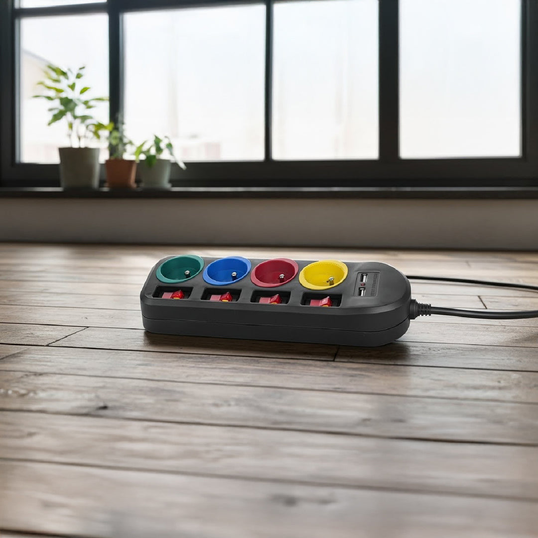 Rallonge électrique Multiprises Maclean, rallonge 4 prises + 2xUSB, avec interrupteurs, 250VAC/10A, 2,1A 5V, 1,5m, noir, MCE229 B