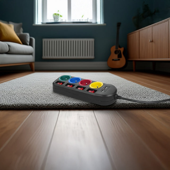 Rallonge électrique Multiprises Maclean, rallonge 4 prises + 2xUSB, avec interrupteurs, 250VAC/10A, 2,1A 5V, 1,5m, noir, MCE229 B