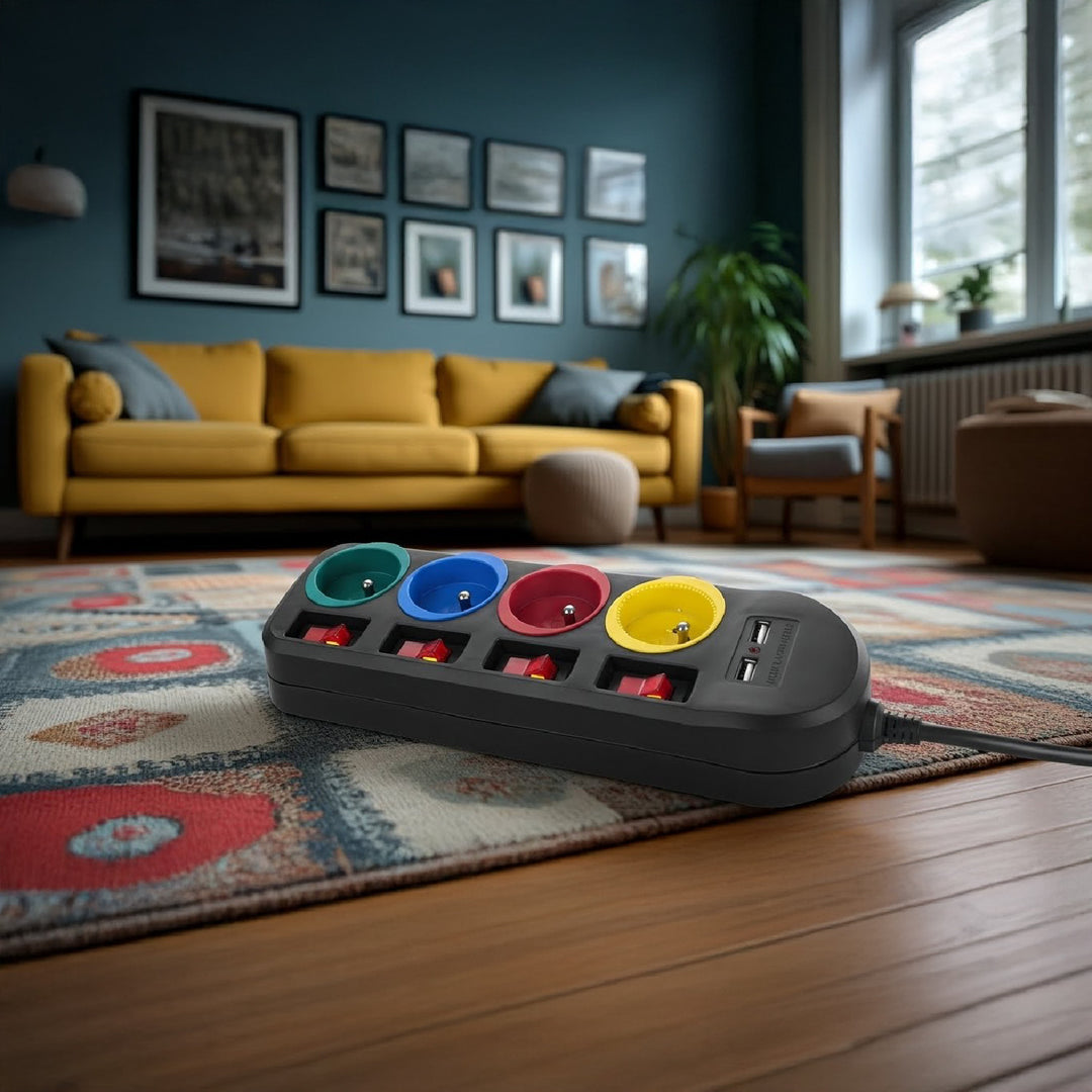 Rallonge électrique Multiprises Maclean, rallonge 4 prises + 2xUSB, avec interrupteurs, 250VAC/10A, 2,1A 5V, 1,5m, noir, MCE229 B