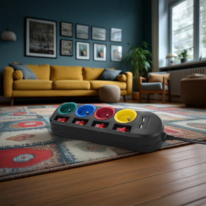 Rallonge électrique Multiprises Maclean, rallonge 4 prises + 2xUSB, avec interrupteurs, 250VAC/10A, 2,1A 5V, 1,5m, noir, MCE229 B