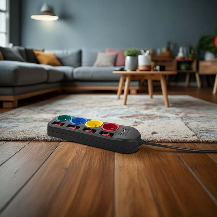 Rallonge électrique Multiprises Maclean, rallonge 4 prises + 2xUSB, avec interrupteurs, 250VAC/10A, 2,1A 5V, 1,5m, noir, MCE229 B