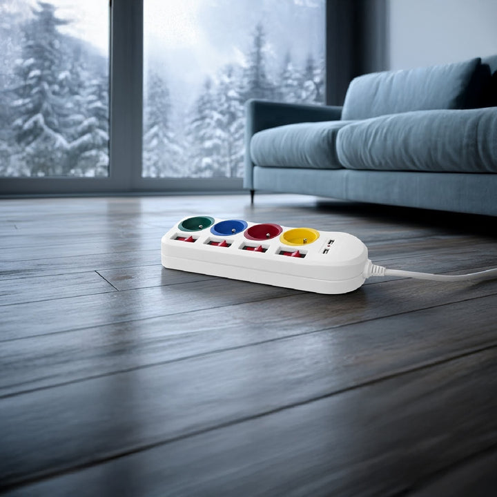 Maclean MCE229 W Bloc multiprises rallonge 4 prises + 2x USB avec interrupteurs 250VAC/10A, 2.1A 5V, 1.5m blanc