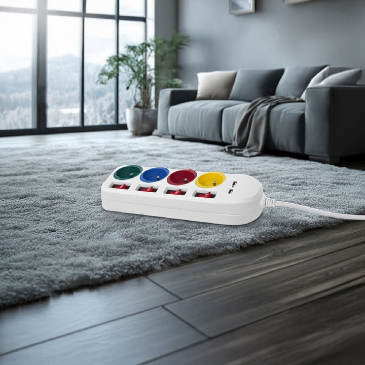 Maclean MCE229 W Bloc multiprises rallonge 4 prises + 2x USB avec interrupteurs 250VAC/10A, 2.1A 5V, 1.5m blanc