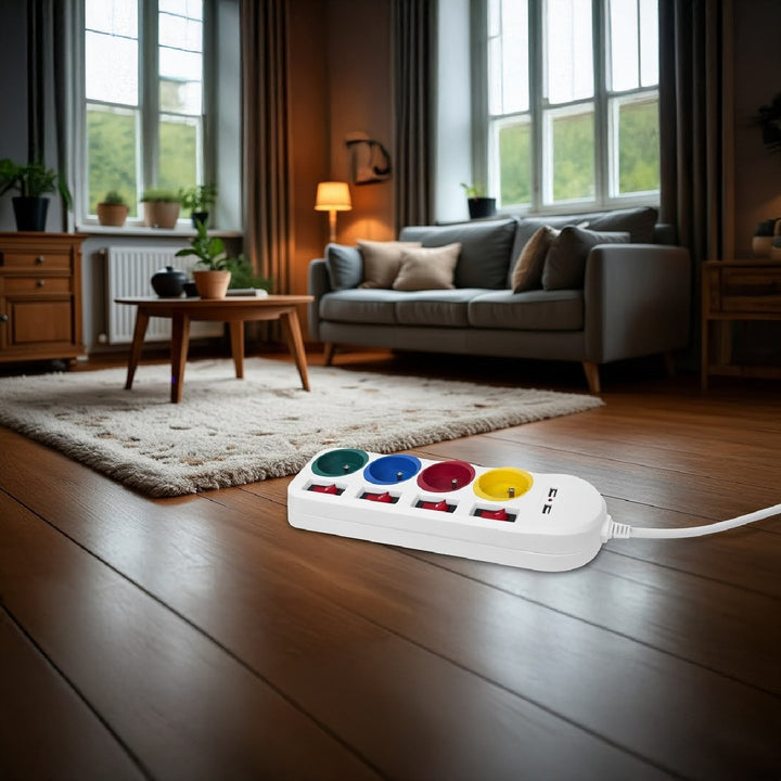 Maclean MCE229 W Bloc multiprises rallonge 4 prises + 2x USB avec interrupteurs 250VAC/10A, 2.1A 5V, 1.5m blanc