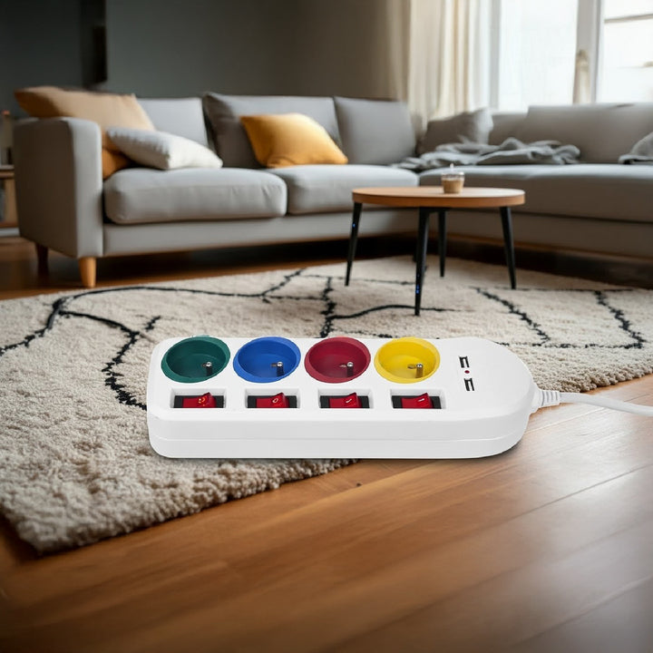 Maclean MCE229 W Bloc multiprises rallonge 4 prises + 2x USB avec interrupteurs 250VAC/10A, 2.1A 5V, 1.5m blanc