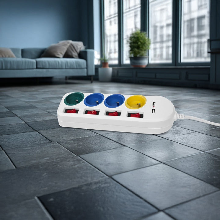 Maclean MCE229 W Bloc multiprises rallonge 4 prises + 2x USB avec interrupteurs 250VAC/10A, 2.1A 5V, 1.5m blanc