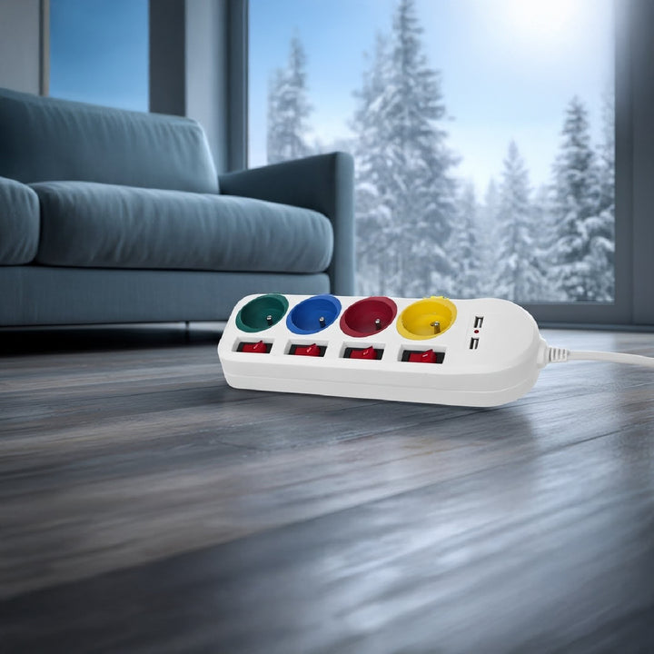 Maclean MCE229 W Bloc multiprises rallonge 4 prises + 2x USB avec interrupteurs 250VAC/10A, 2.1A 5V, 1.5m blanc