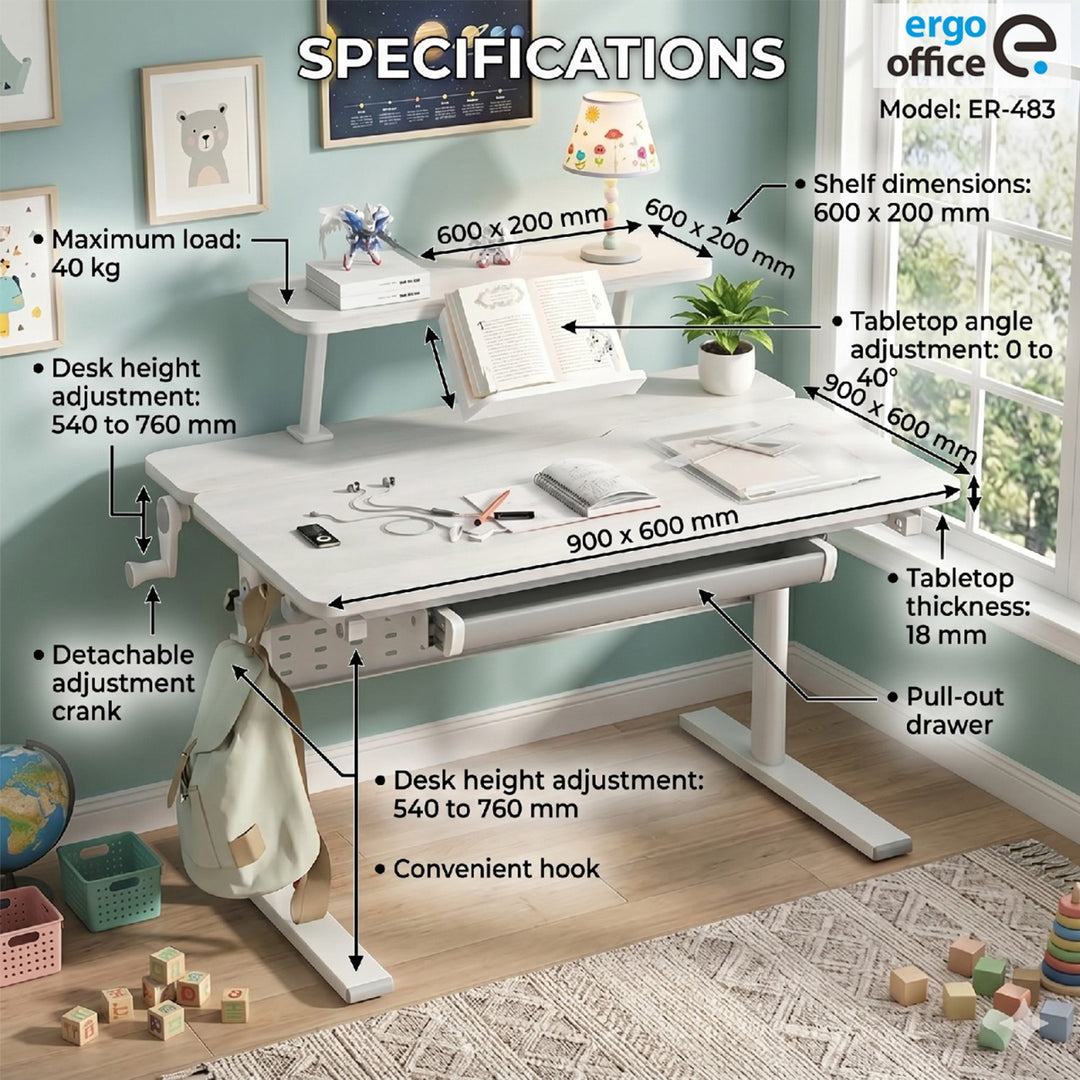 Ergo Office ER-483 Bureau pour enfants  réglable en hauteur, gris, max 40kg, 900x600 mm,