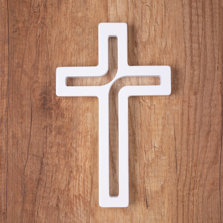 Croix suspendue en bois blanc moderne 25x16x1,6 cm
