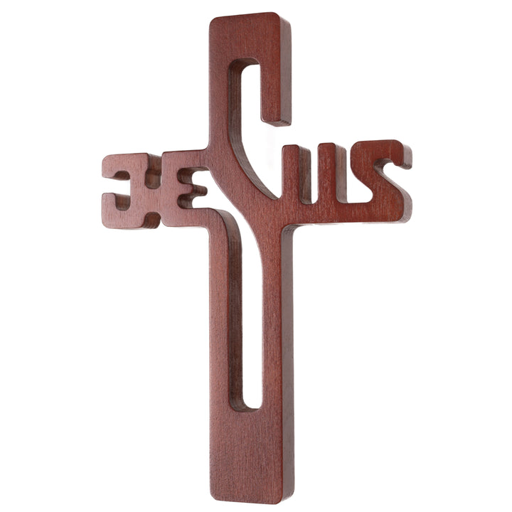 Croix suspendue en bois avec inscription JESUS marron 22x14x1.6cm